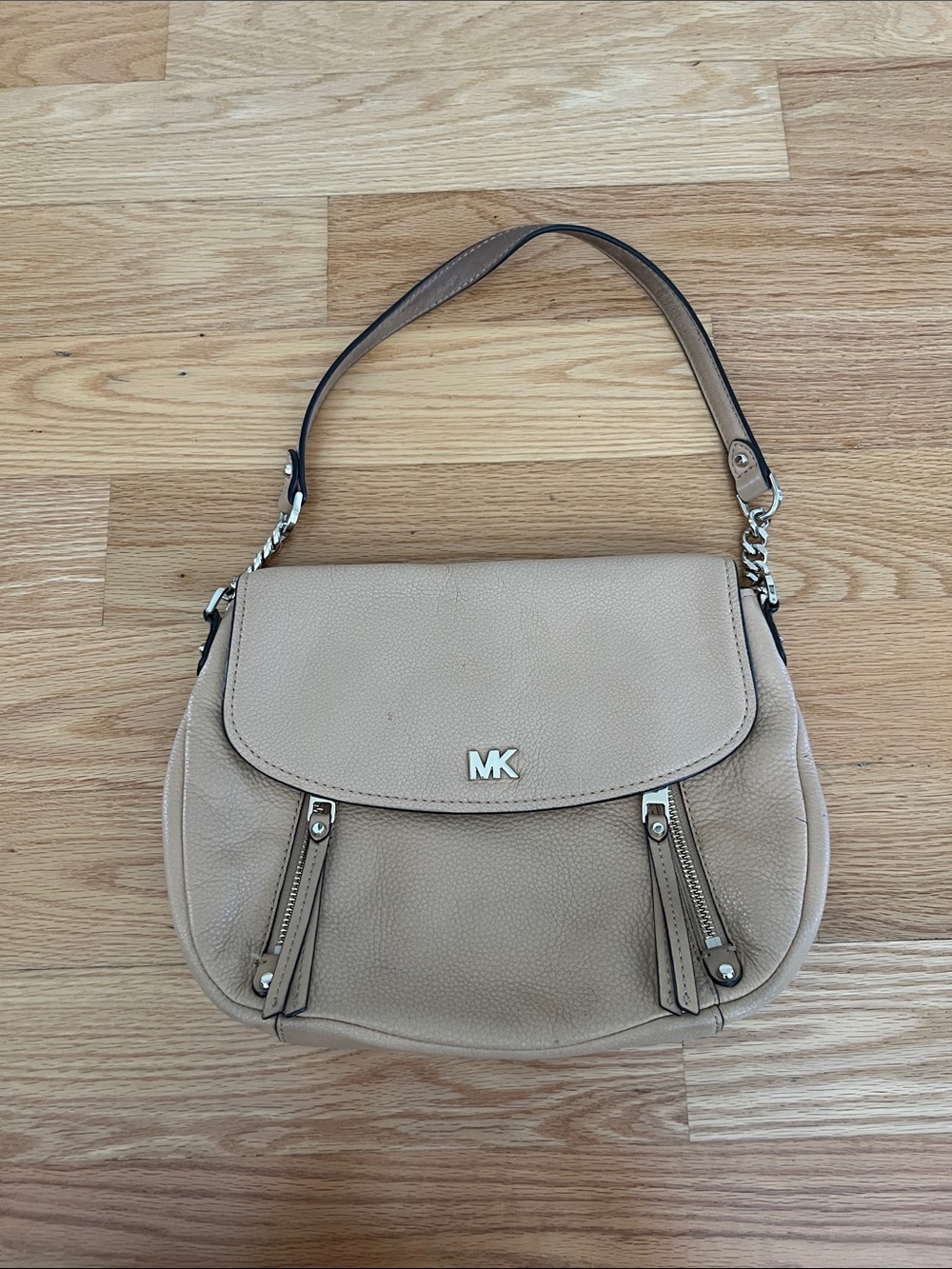 Michael Kors Taupe Pebbled Leather Shoulder Bag with MK Logo